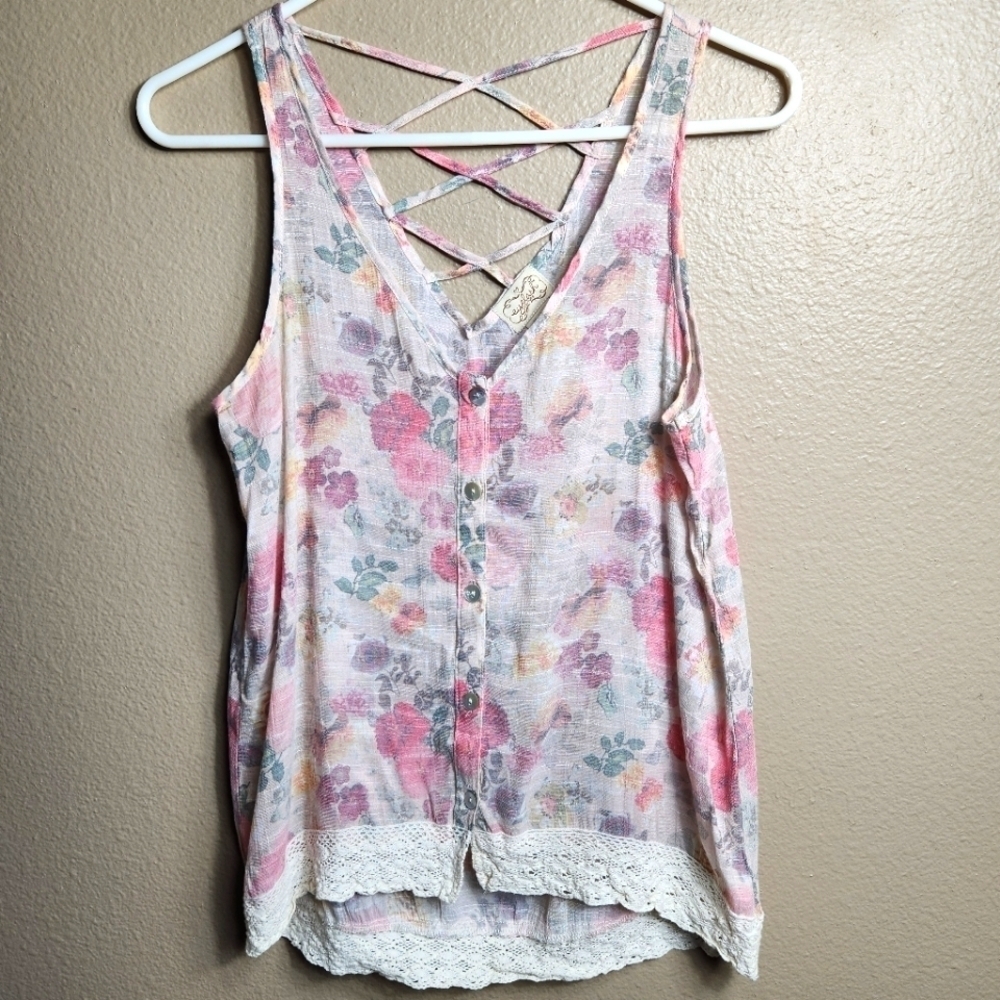 Eyelash Couture Semi-Sheer Watercolor Floral Sleeveless Buttonfront Top-Size M